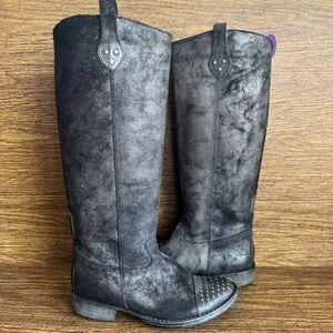 Paola Ferri Grey Black Distressed Suede Studded‎ Moto Motorcycle Boots 39
